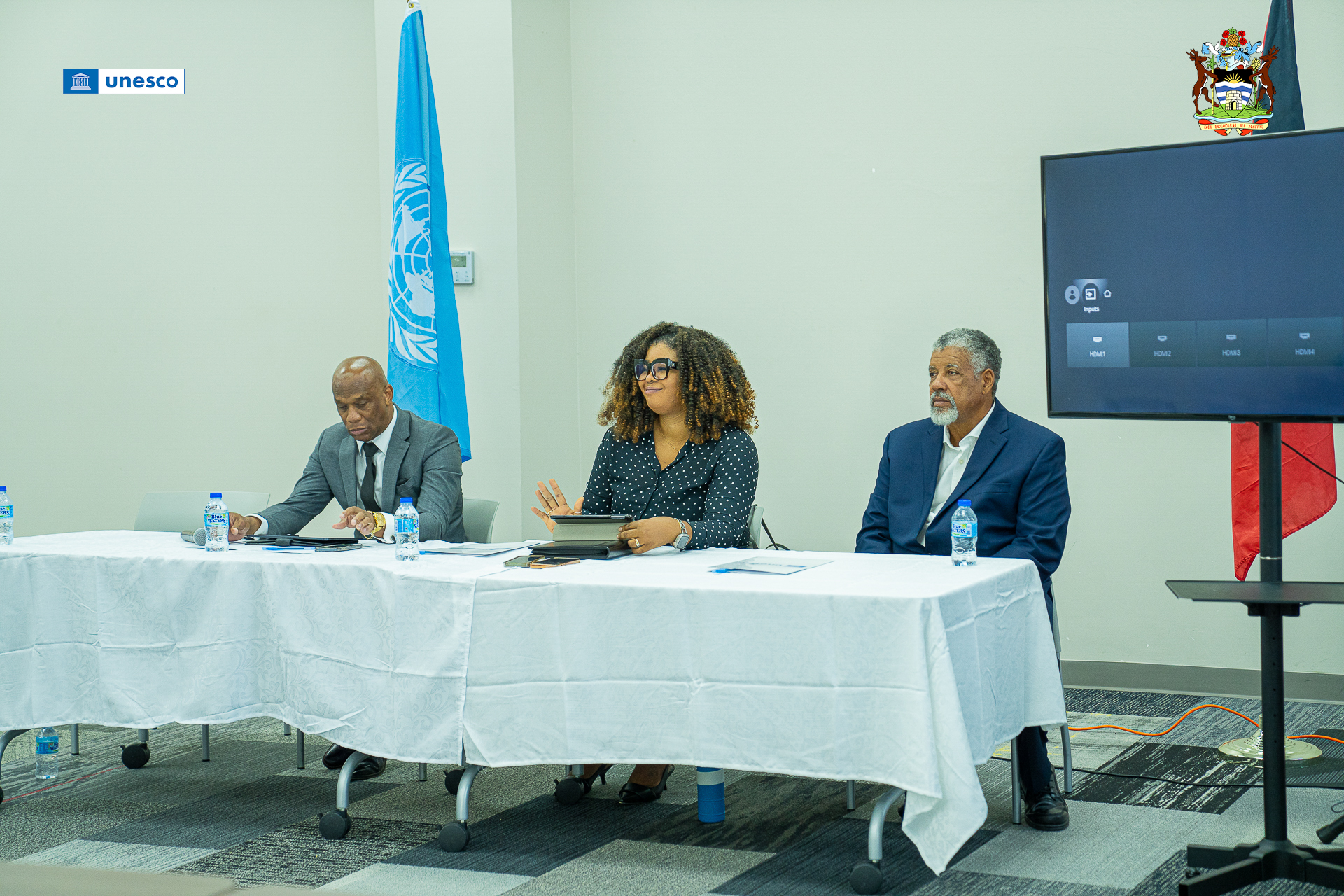 A photo of the head table. From left to right are Mr. Browne, Mrs. Andrew and Dr. Reginald Murphy, Antigua and Barbuda’s Secretary General for the UNESCO National Commission.
